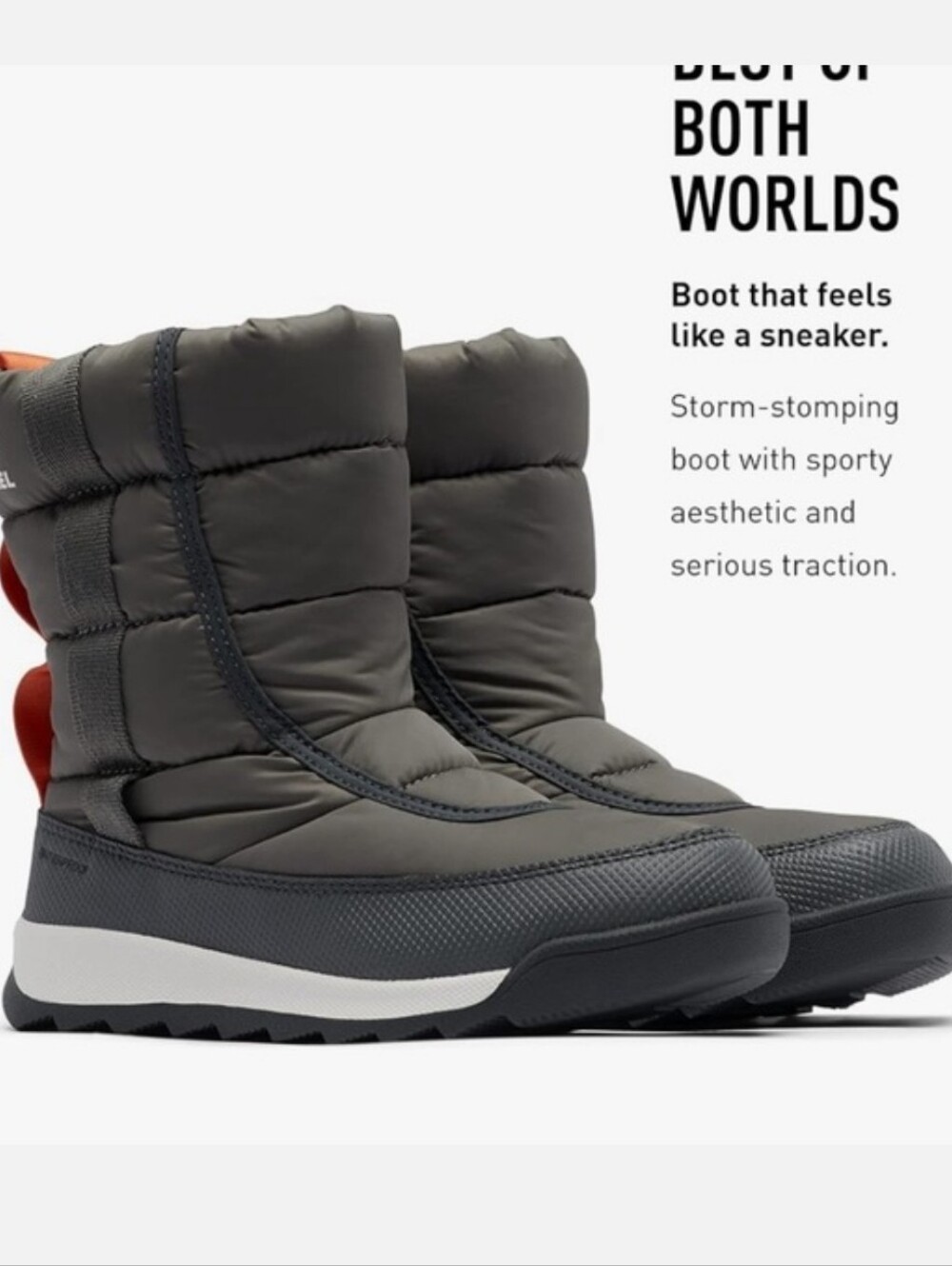 Sorel Puffer Snow Boot in Dark Gray with White Midsole
